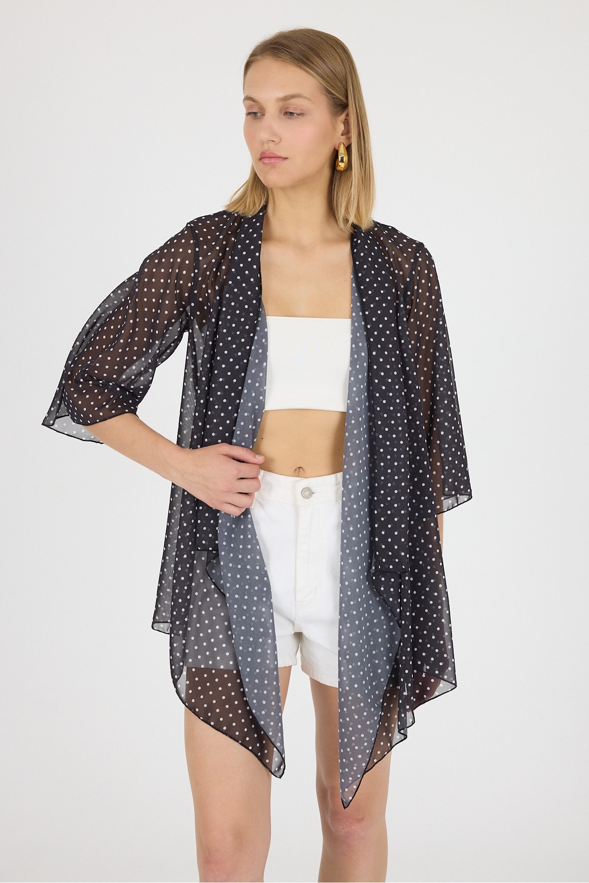 Puantiyeli Şal Yaka Volan Kol Şifon Kimono Kaftan Plaj Giyim 25L8102