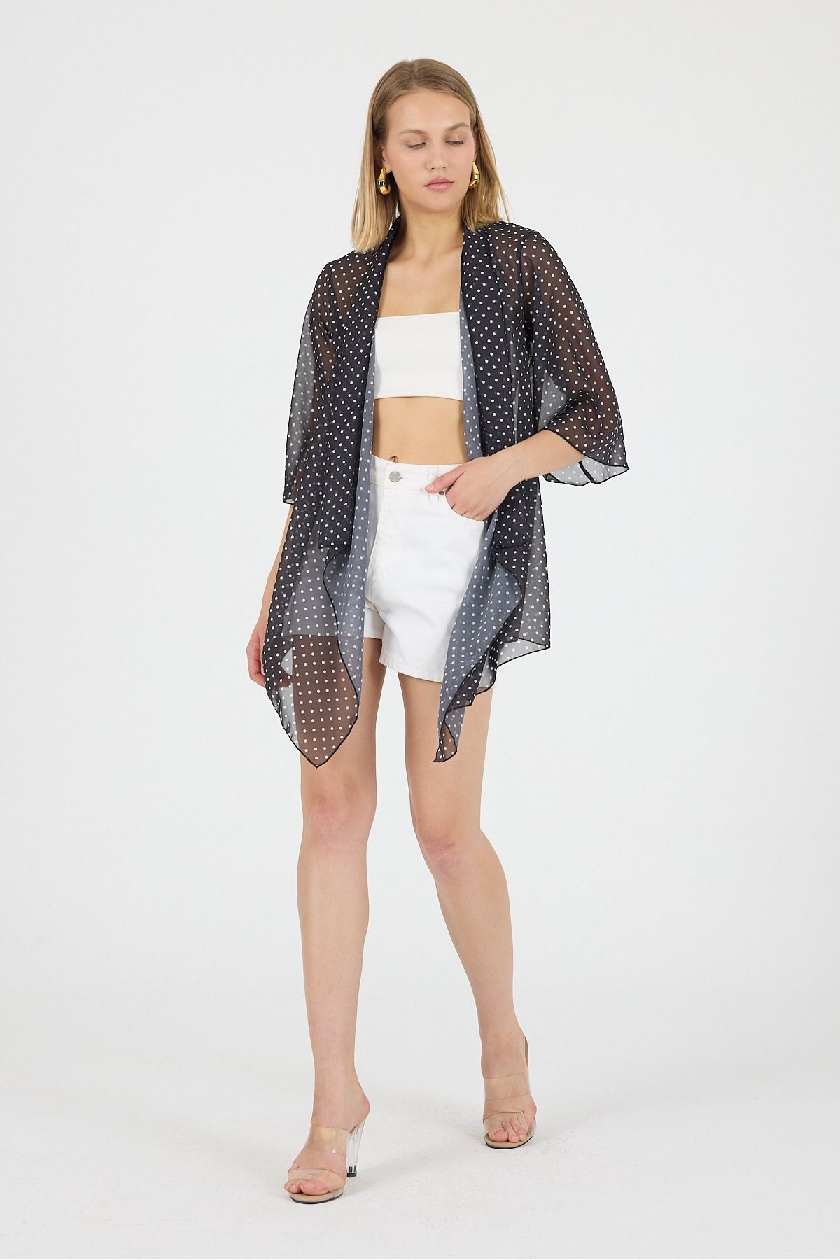 Puantiyeli Şal Yaka Volan Kol Şifon Kimono Kaftan Plaj Giyim 25L8102