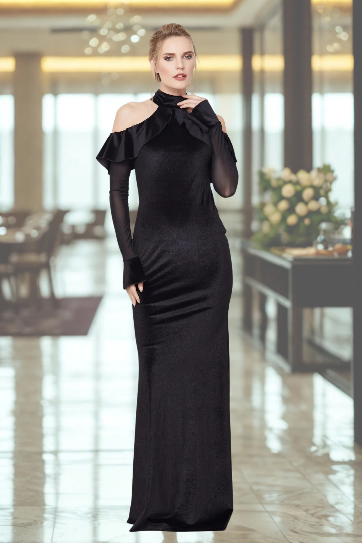 Kadın Siyah Omuz Dekolteli Kolda Tül Detaylı Volanlı Kadife Abiye Elbise Gündüz Gece Şıklığı 17L6131