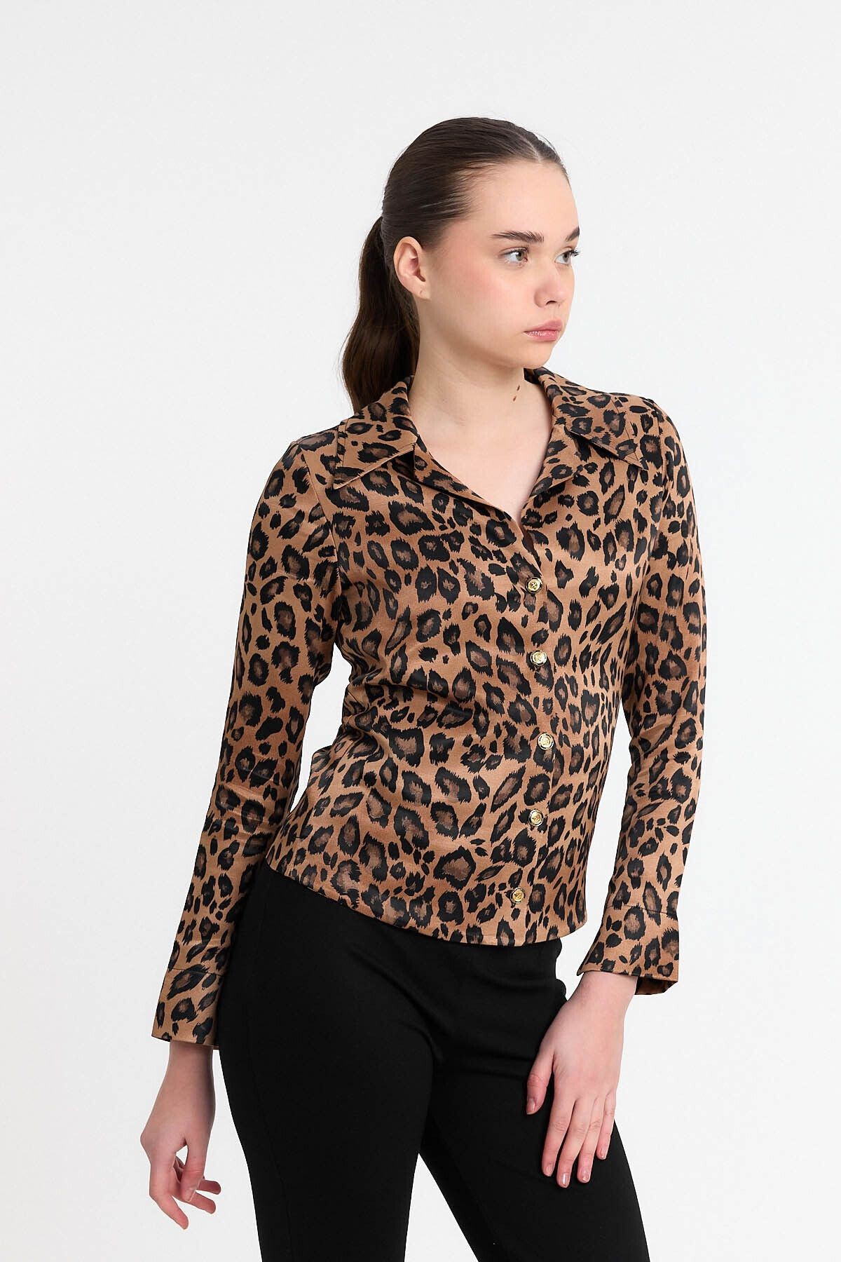 Leopar Desen Saten Gömlek Gündüz - Gece Şıklığı 25l8021