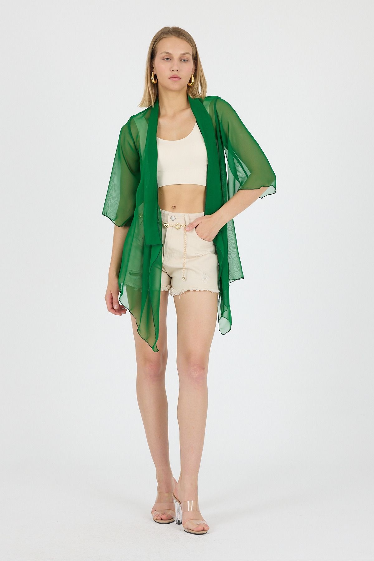 Koyu Yeşil Şal Yaka Volan Kol Şifon Kimono Kaftan Plaj Giyim 25L8101