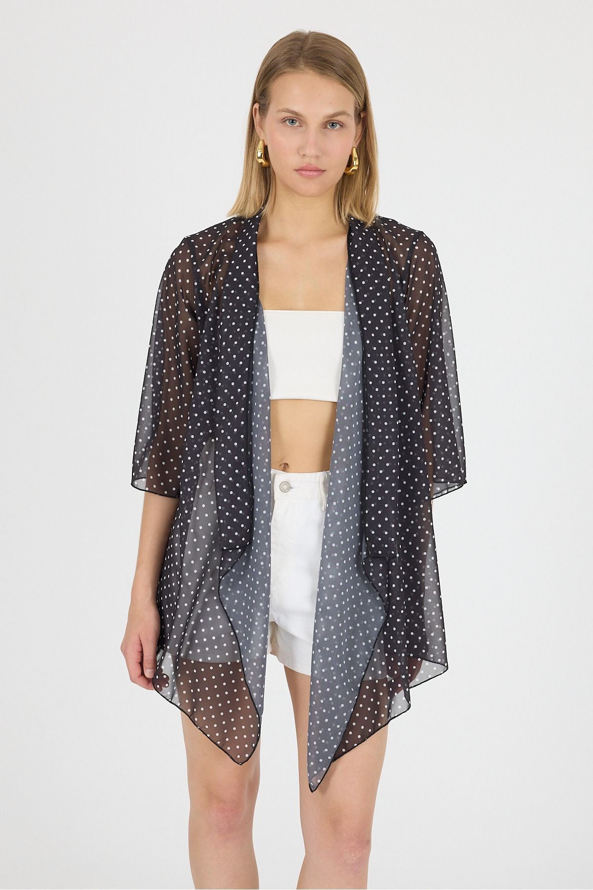 Puantiyeli Şal Yaka Volan Kol Şifon Kimono Kaftan Plaj Giyim 25L8102