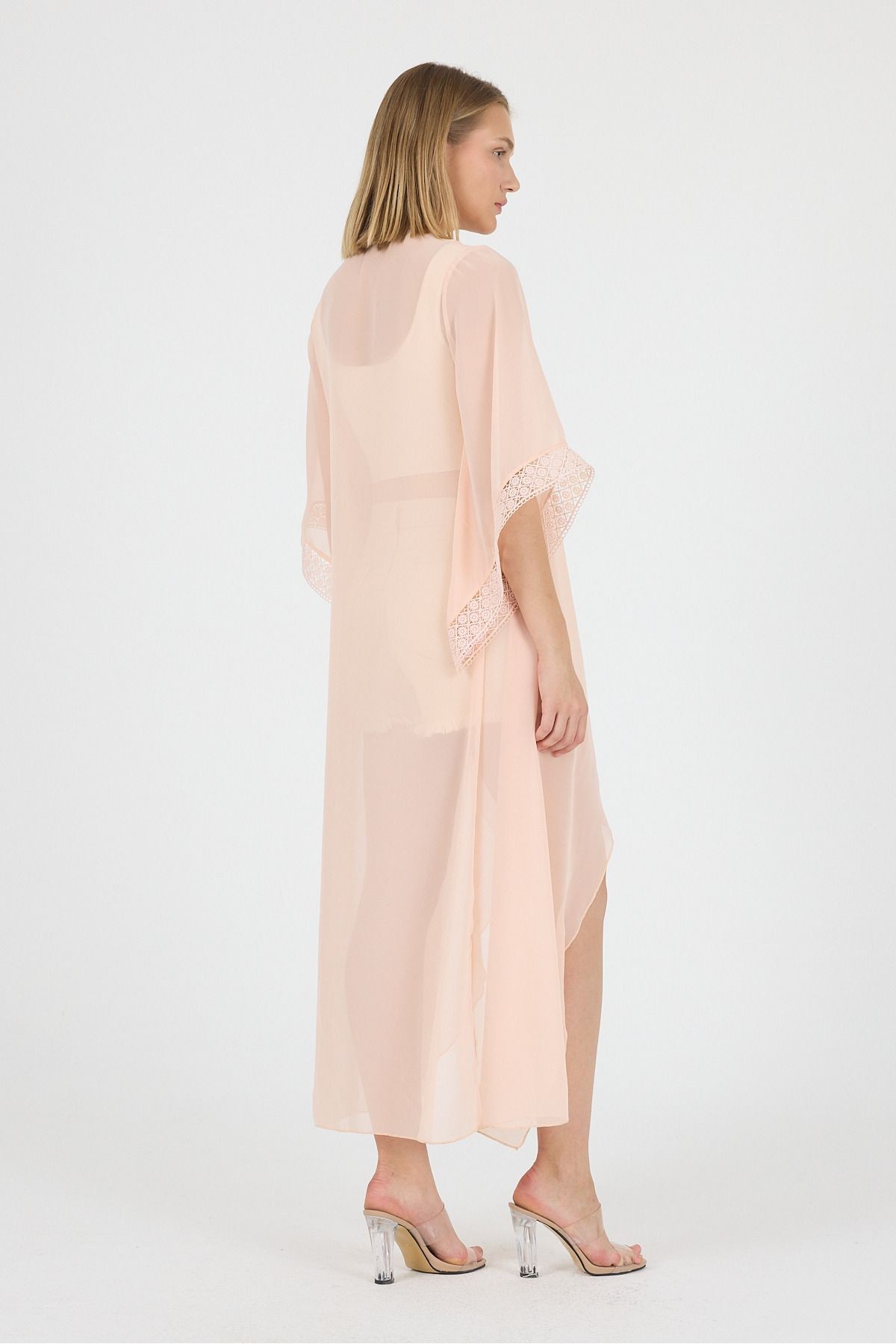 Somon Şal Yaka Kol Ucu Güpür DetayVolan Kol Şifon Maxi Kimono Kaftan Plaj Giyim 25L8114