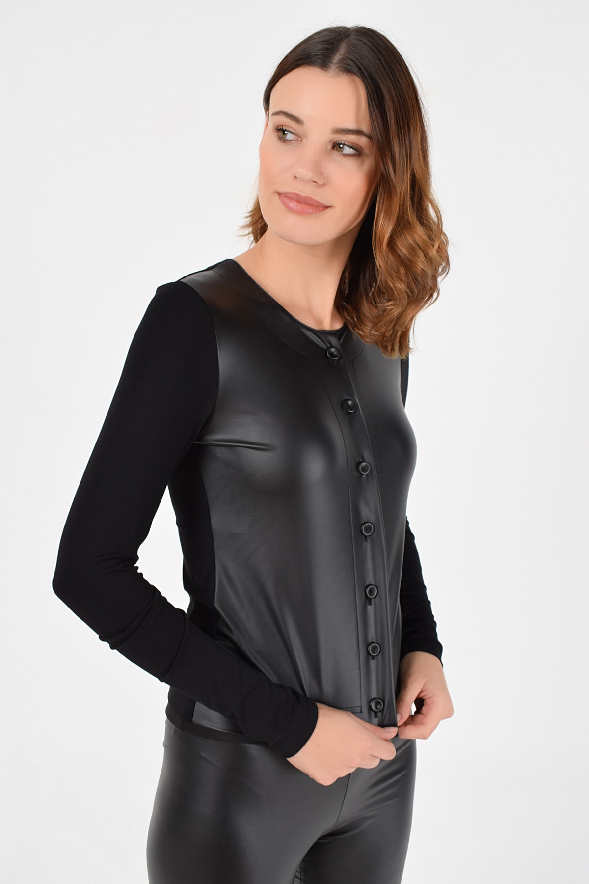 Kadın Siyah Deri Detay Blazer Hırka 19L6689