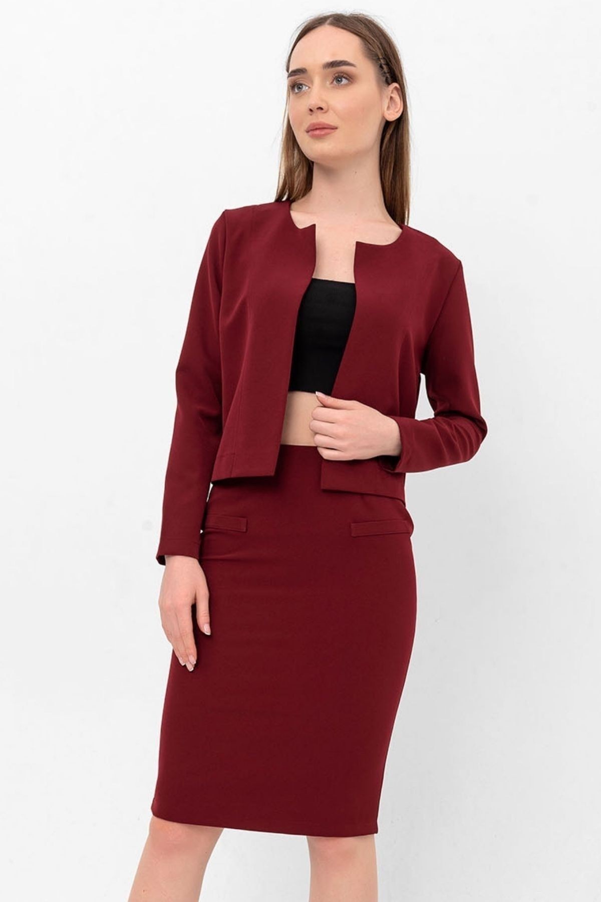 Bordo Fleto Cep Detaylı Krep Etek