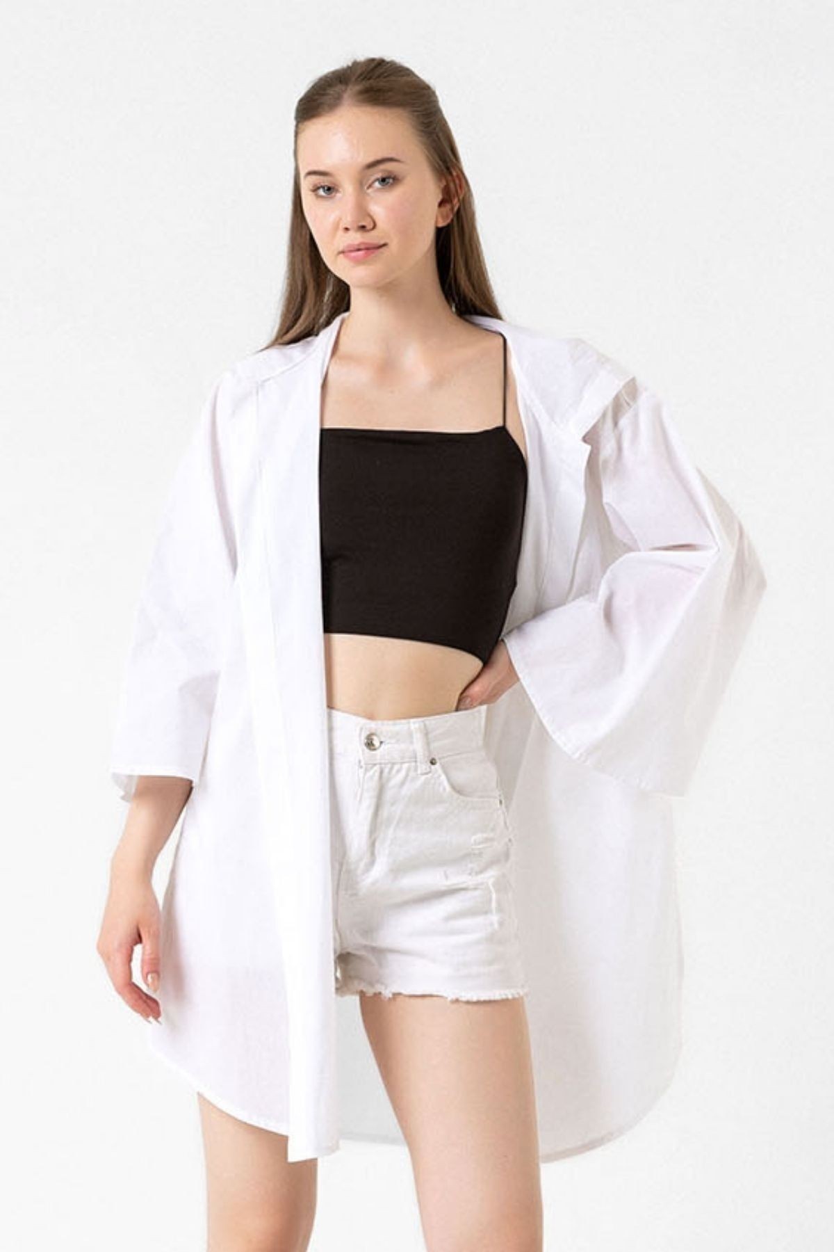 Ecru Kapüşonlu Yırtmaçlı Vual Kimono&Hırka