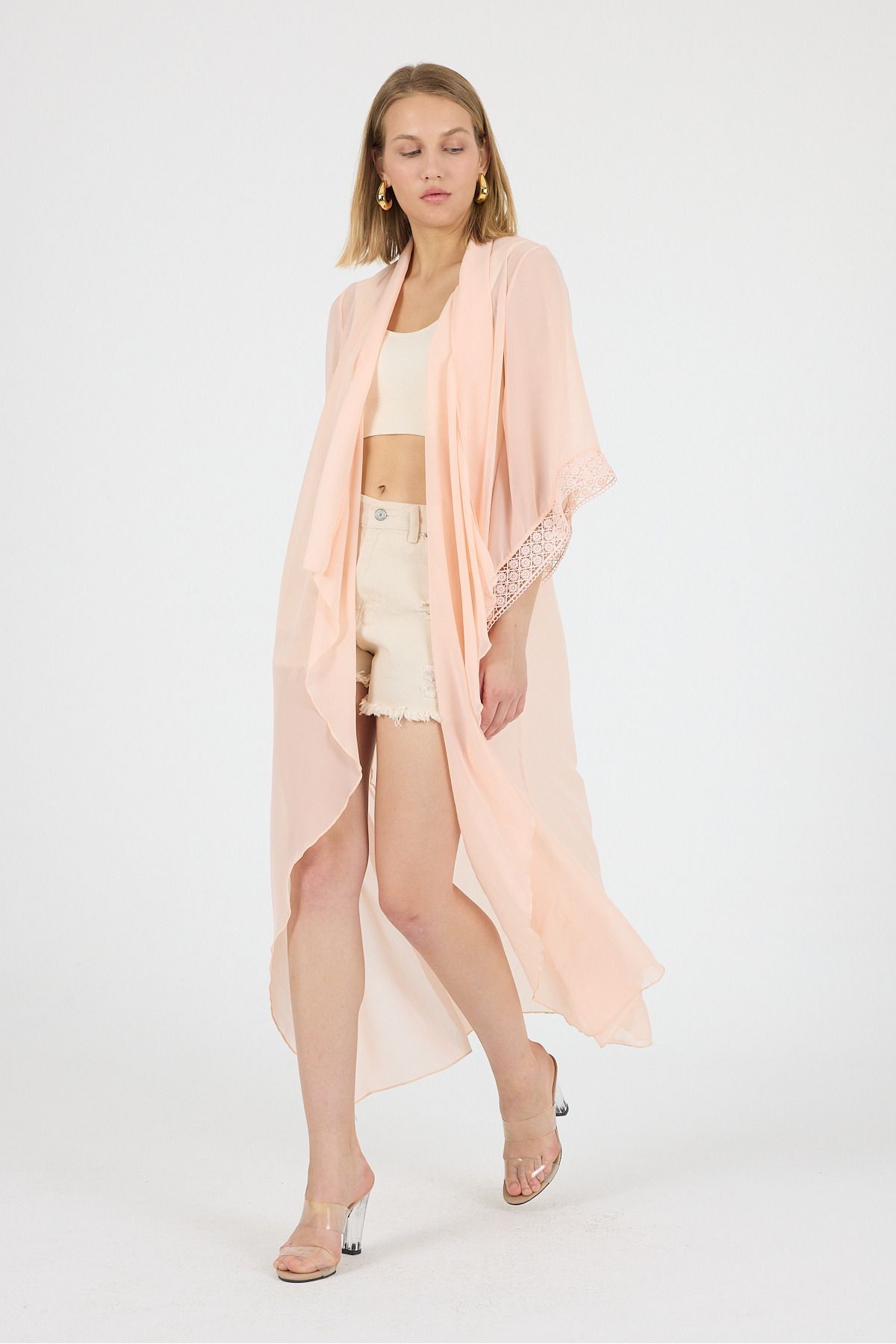 Somon Şal Yaka Kol Ucu Güpür DetayVolan Kol Şifon Maxi Kimono Kaftan Plaj Giyim 25L8114