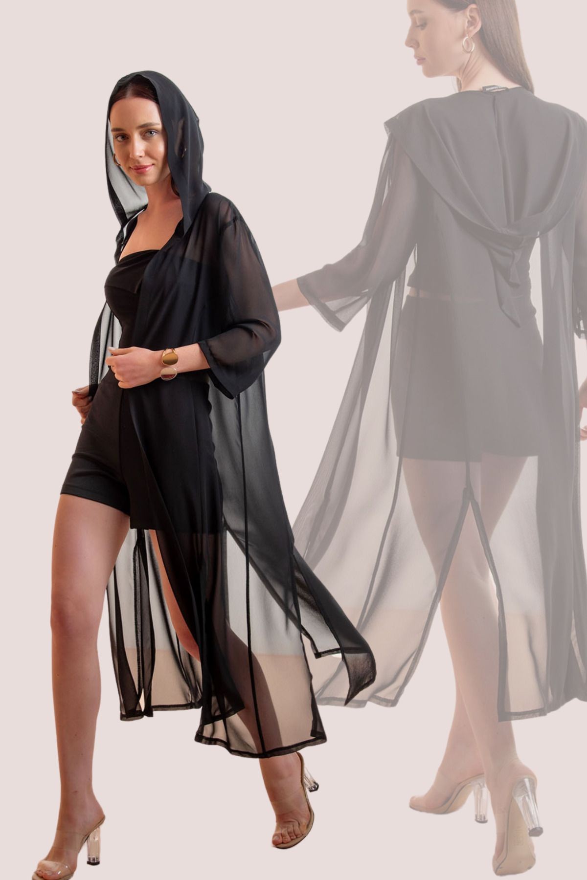 Kapişonlu Yırtmaç Detay Çok Amaçlı Tasarım Şifon Hırka&MayoBikini Üstü&Kimono&Plaj Giyim