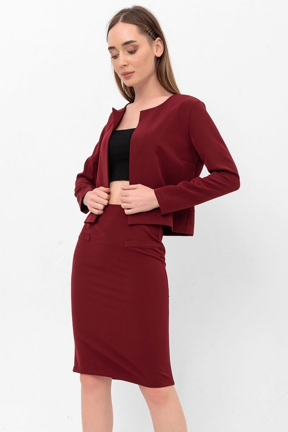 Bordo Uzun Kol Kısa Krep Ceket&hırka