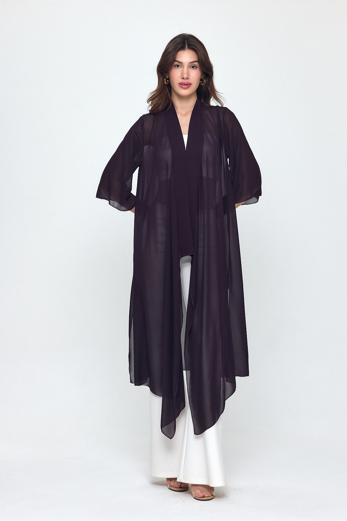 Mürdüm Şal Yaka Truvakar Kol Şifon Uzun Kimono - Hırka- Plaj Giyim 25L8035