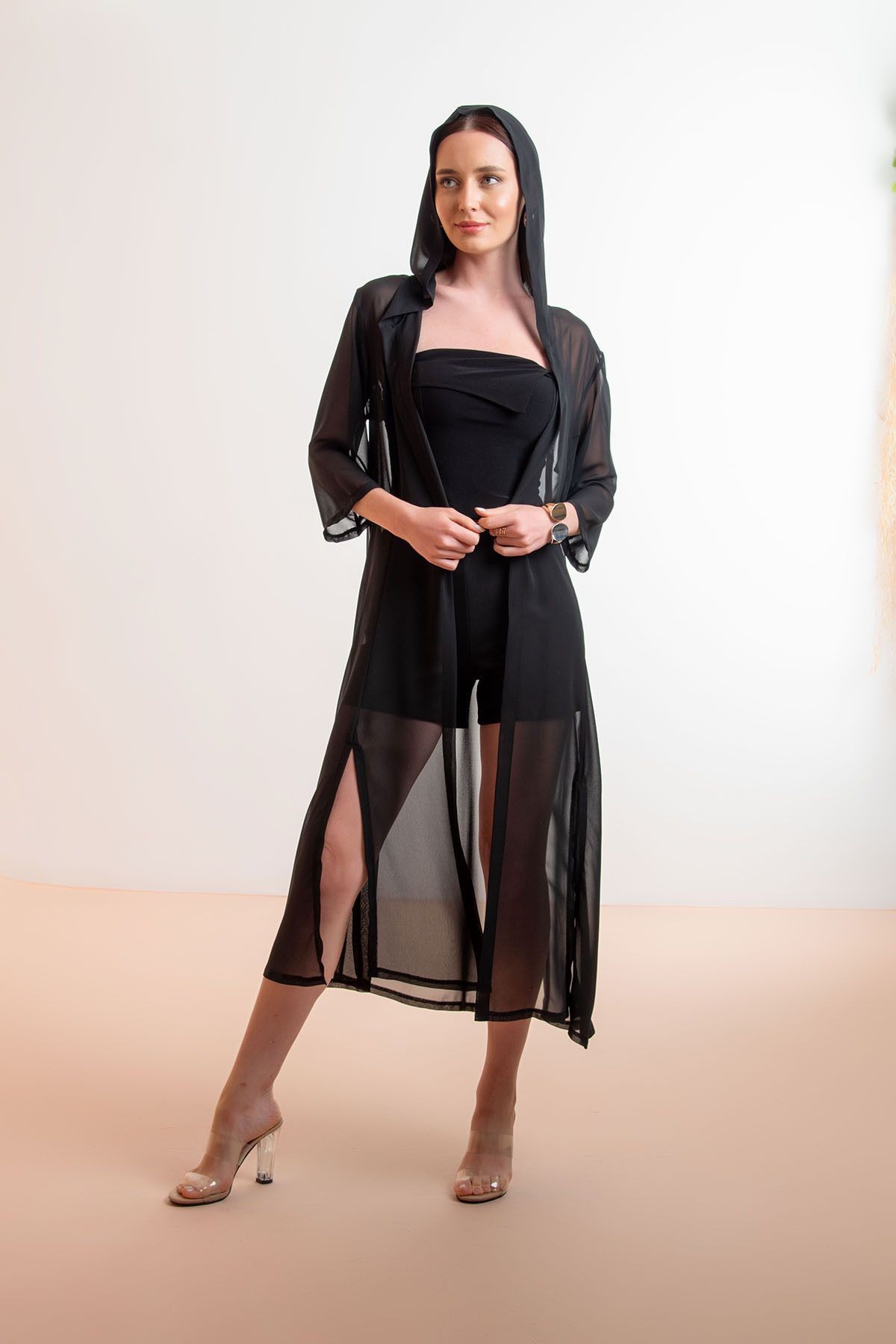 Kapişonlu Yırtmaç Detay Çok Amaçlı Tasarım Şifon Hırka&MayoBikini Üstü&Kimono&Plaj Giyim