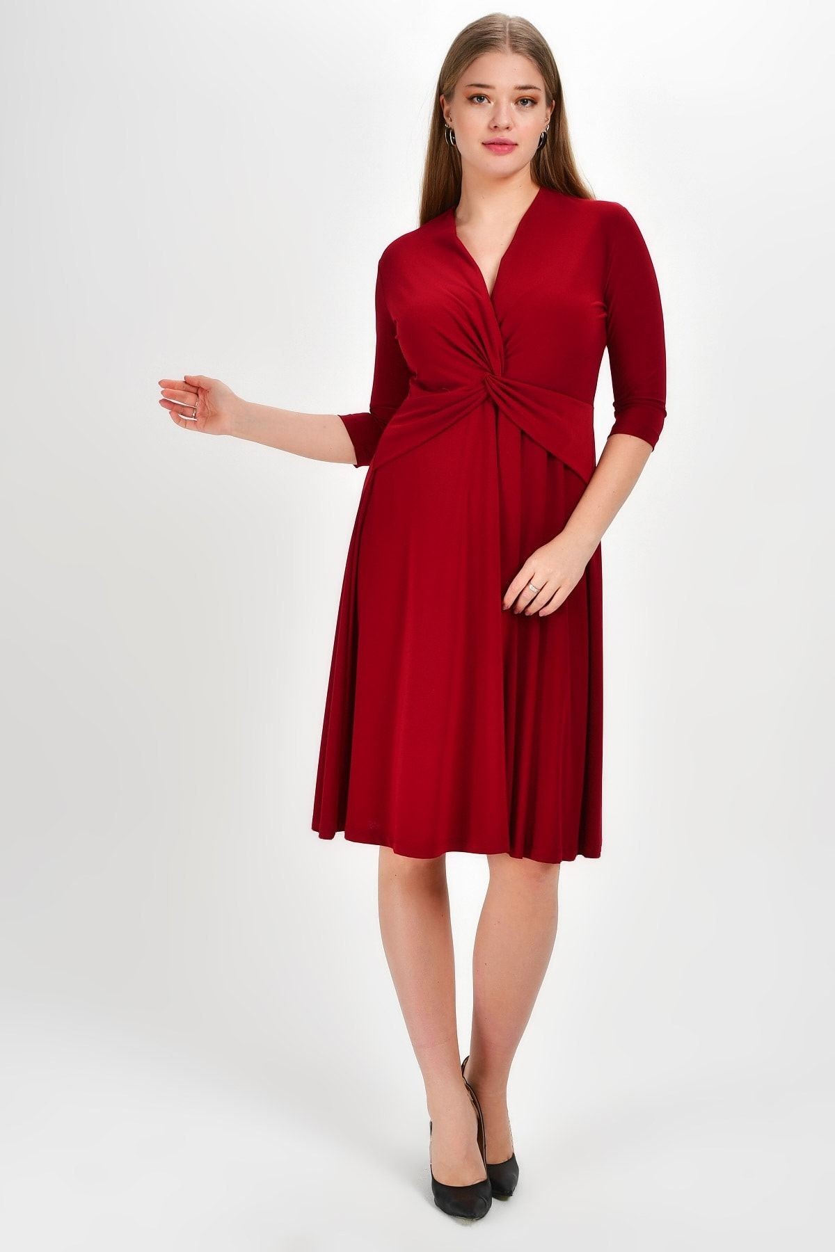 Kadın Bordo Burgu Yaka Elbise 19Lb9193