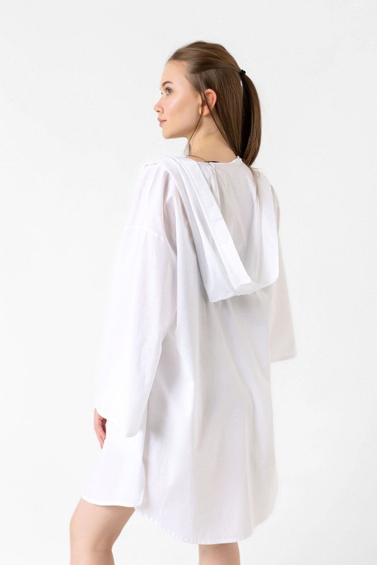 Ecru Kapüşonlu Yırtmaçlı Vual Kimono&Hırka