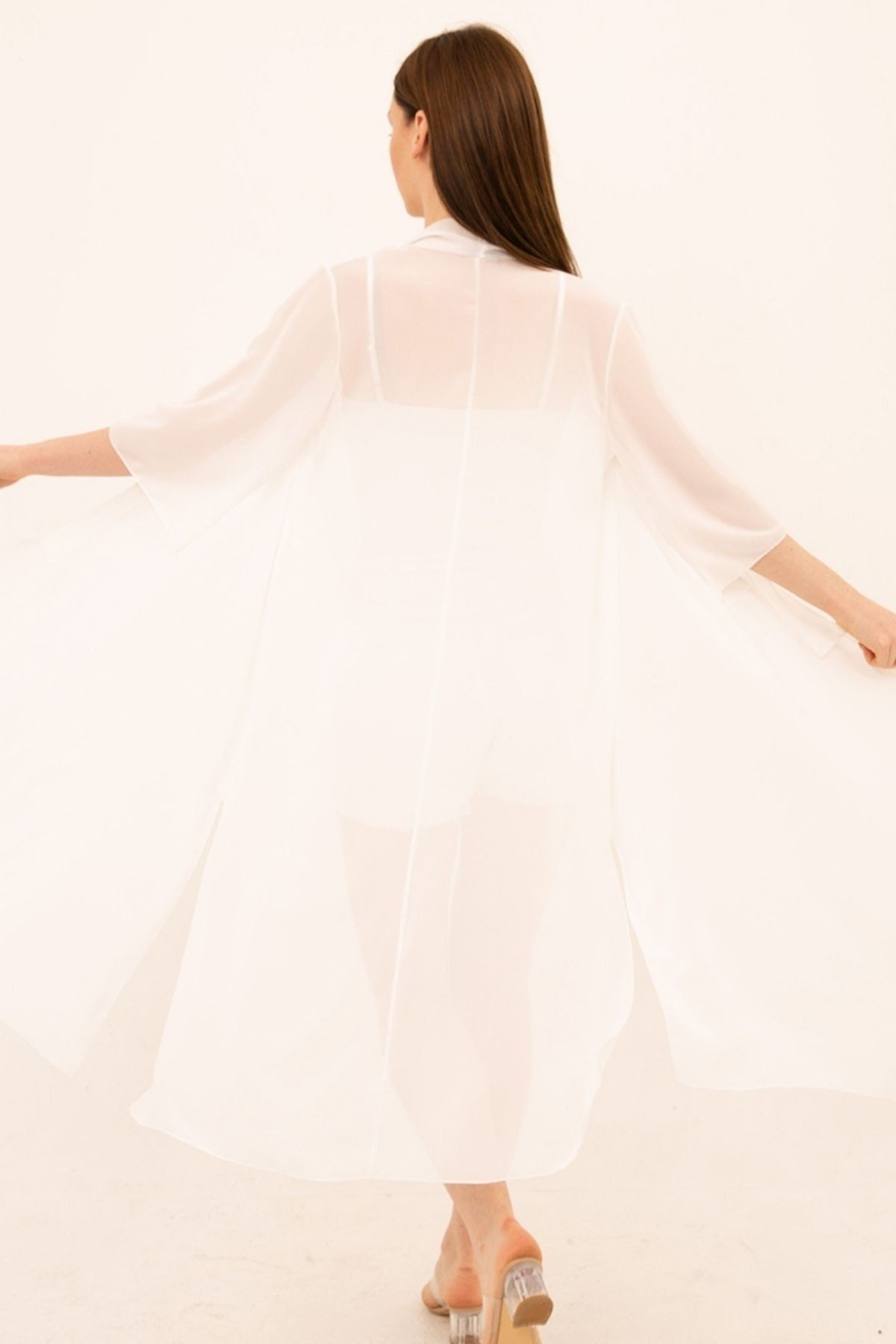 Ecru Şifon Yırtmaçlı Kimono&hırka