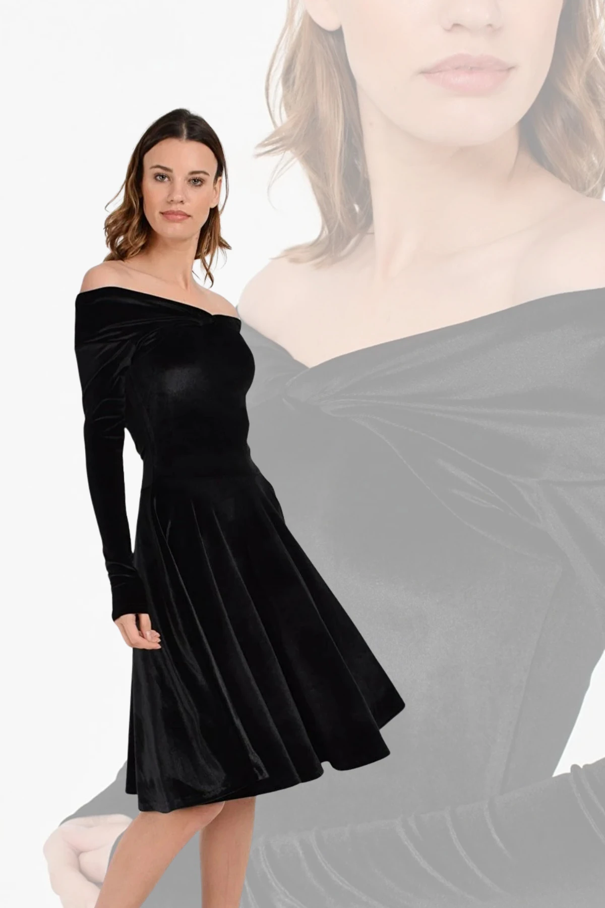 Kadın Siyah Madonna Yaka Kadife Hareketli Etek Detay Elbise 19L6713