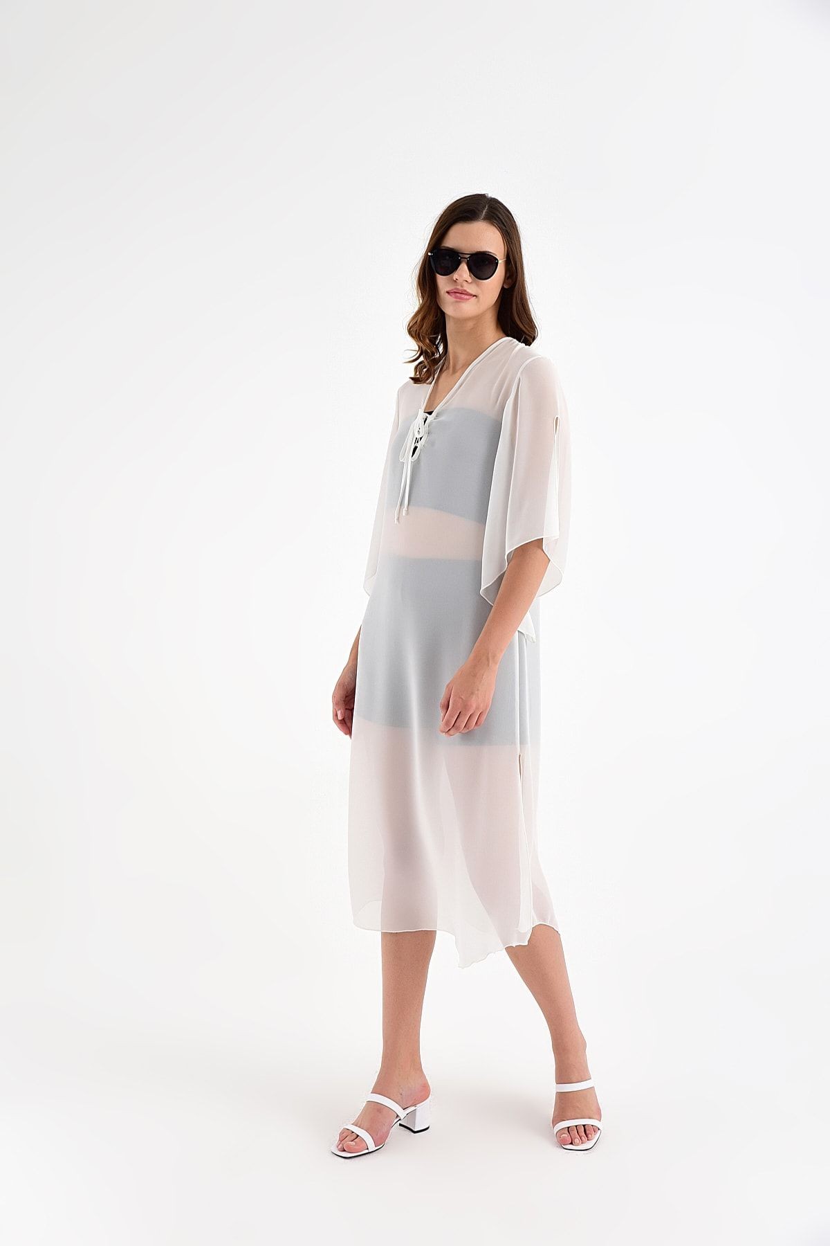 Kadın Ecru Yaka Detaylı Şifon Kimono 20L6812
