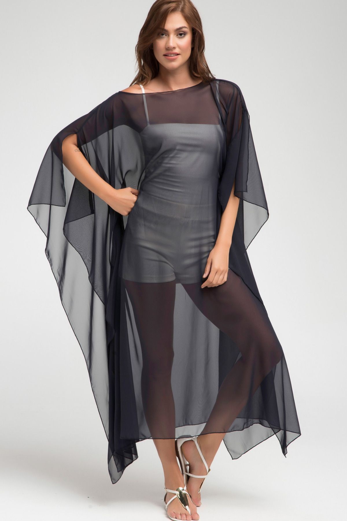 Siyah Şifon Yırtmaçlı Yarasa Kol Rahat Kesim Kimono Plaj Giyim 24l7566