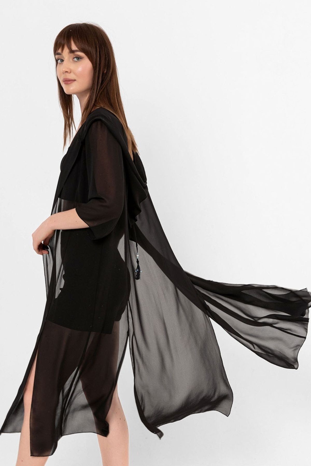 Siyah Kapüşonlu Yırtmaç Detaylı Şifon Kimono&bikiniüstü
