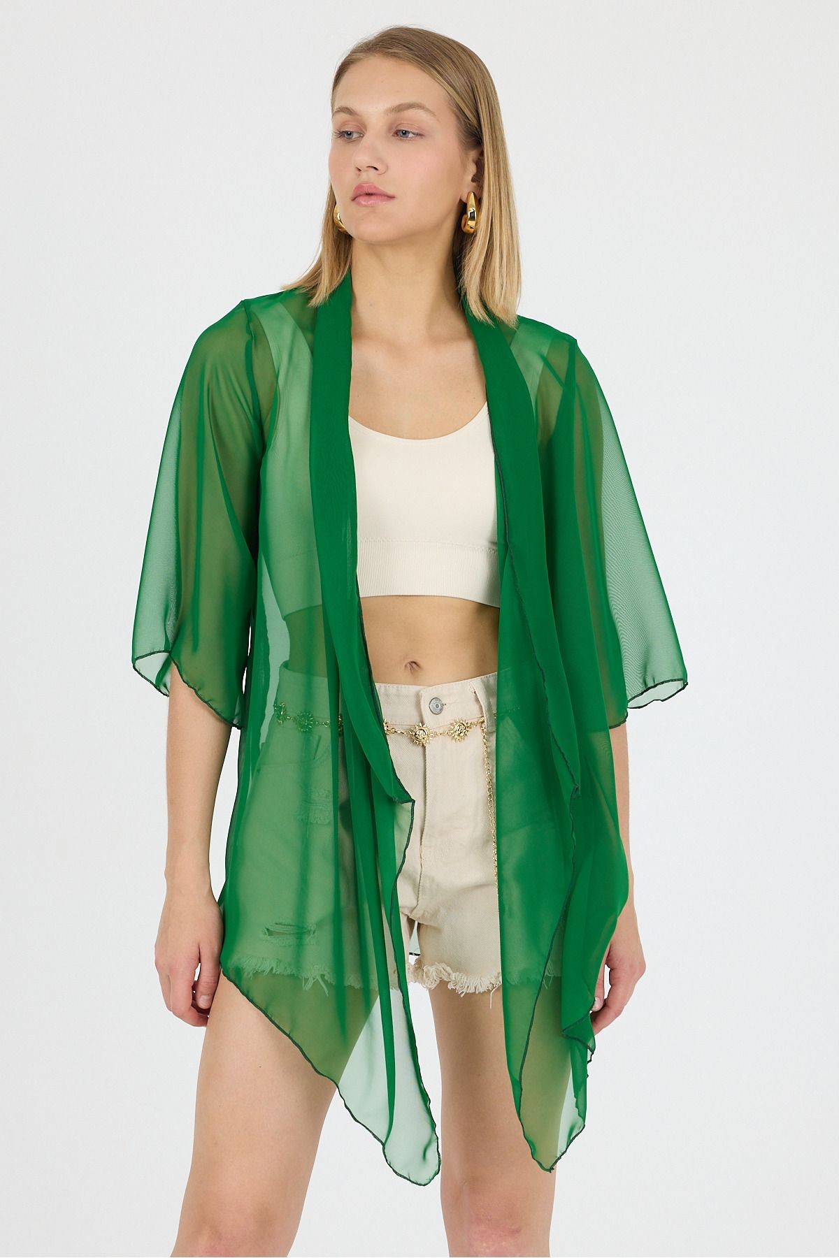 Koyu Yeşil Şal Yaka Volan Kol Şifon Kimono Kaftan Plaj Giyim 25L8101