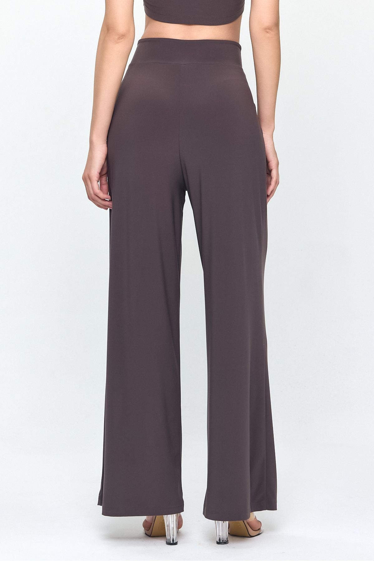 Kahve Bel Detay Tasarım Bol Paça Pantolon Gündüz - Gece Şıklığı 25l8006