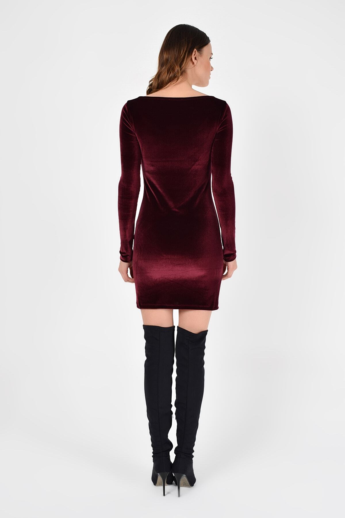 Kadın Bordo Balerin Yaka Kadife Mini Elbise Gündüz & Gece Şıklığı 19l6762
