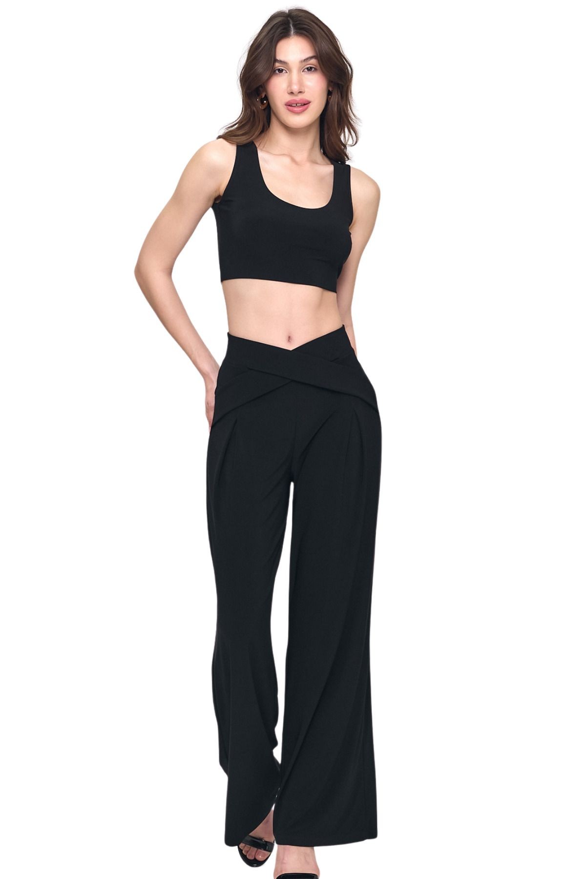 Bel Detay Tasarım Bol Paça Pantolon Gündüz - Gece Şıklığı 25l8006