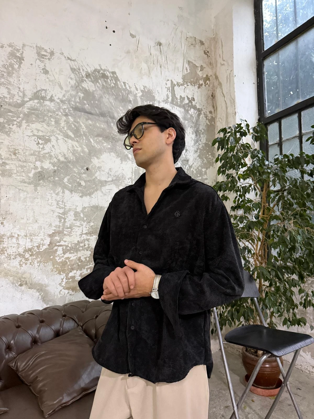 Kadife Siyah Oversize Gömlek