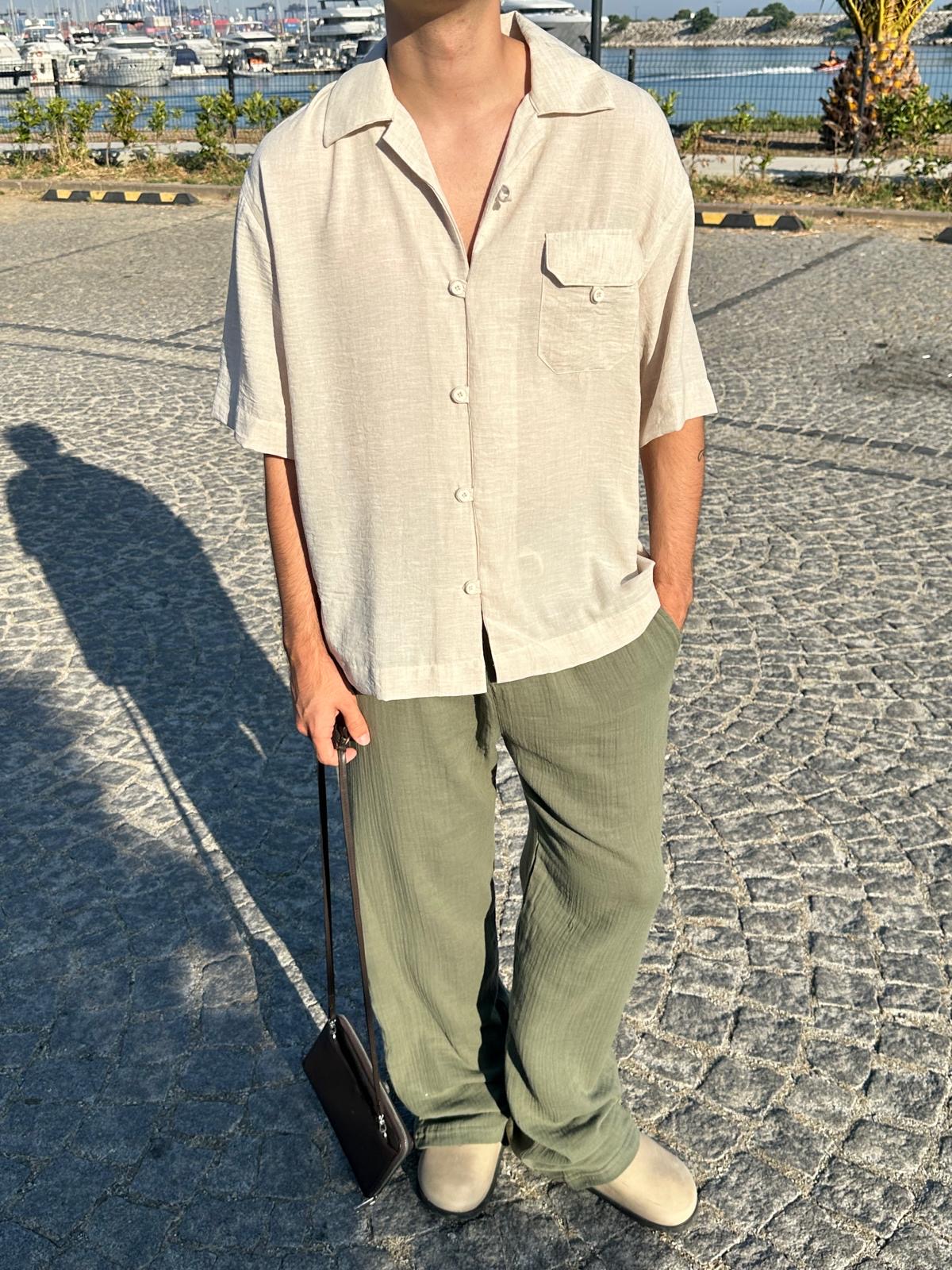 Kısa Kollu Cep Detay Bej Gömlek