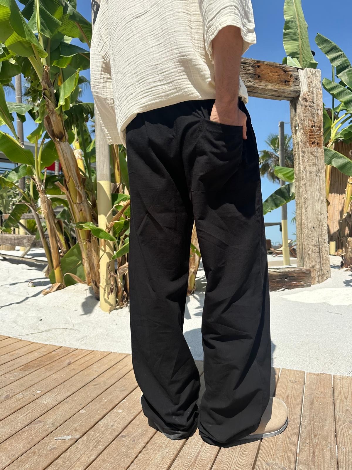 Siyah Sand Vibes Keten Pantolon 