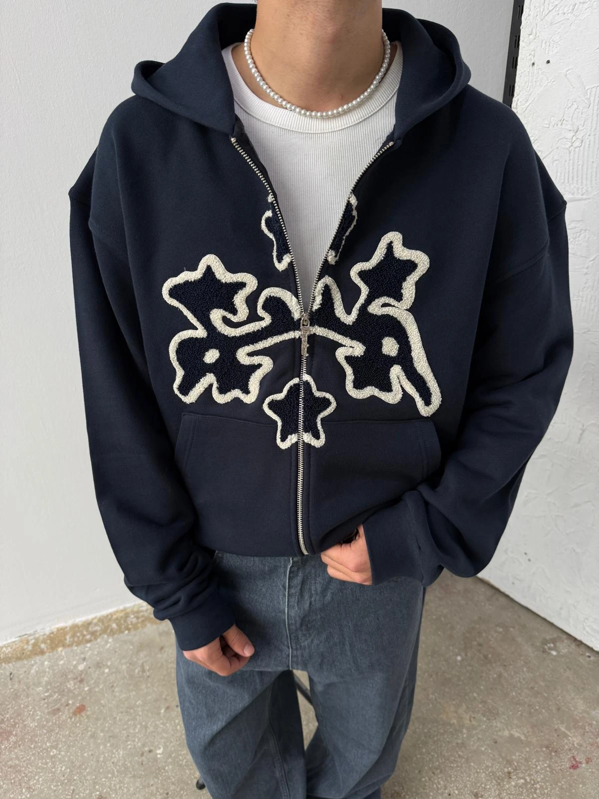 Arabic Detail Lacivert Diyagonel Zip