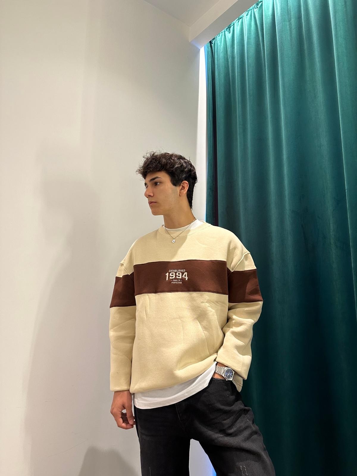 1994 Parçalı Oversize Bej Sweatshirt