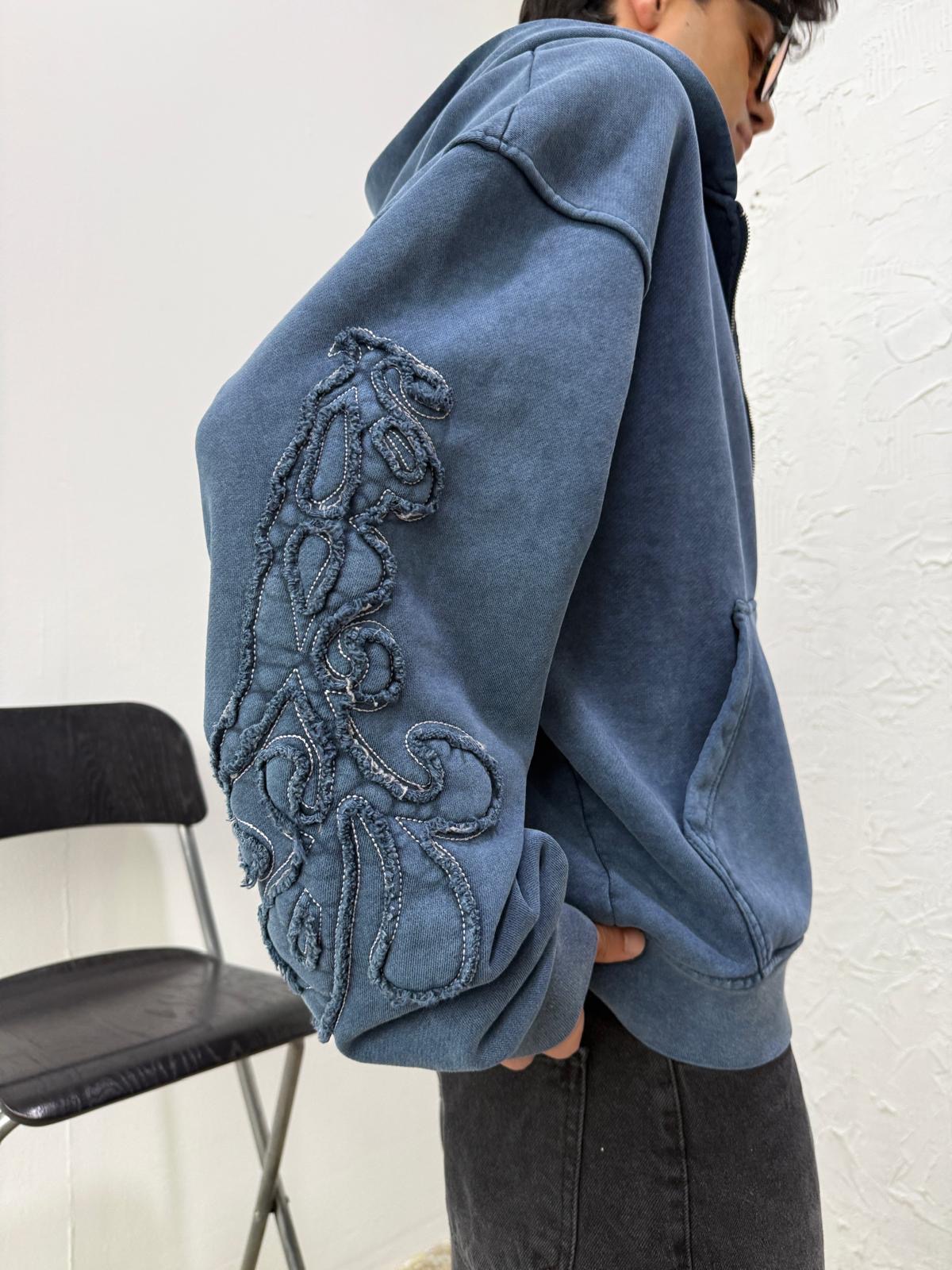 Kol Patch Detay Washed Blue Diyagonel Zip Hoodie