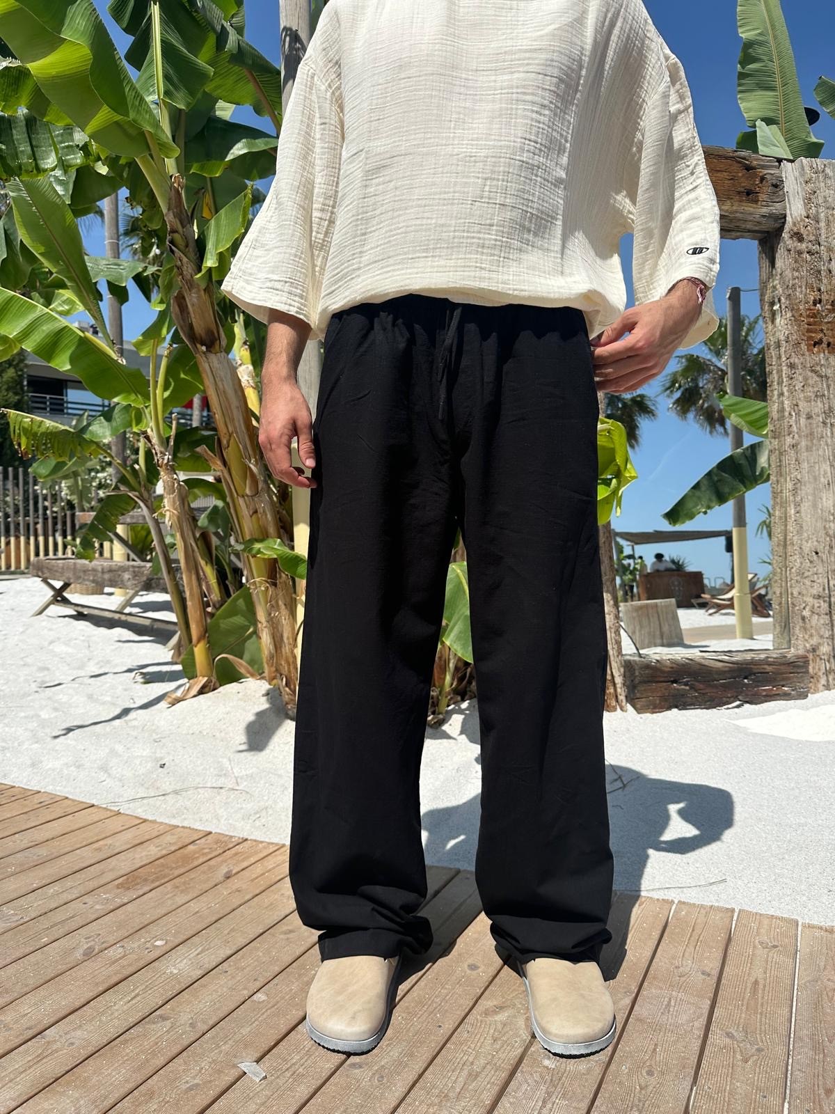 Siyah Sand Vibes Keten Pantolon 