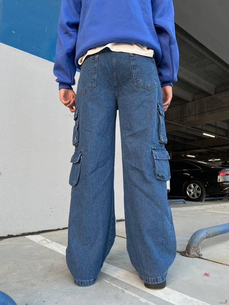 Multi Cargo Pocket Blue Baggy Pantolon