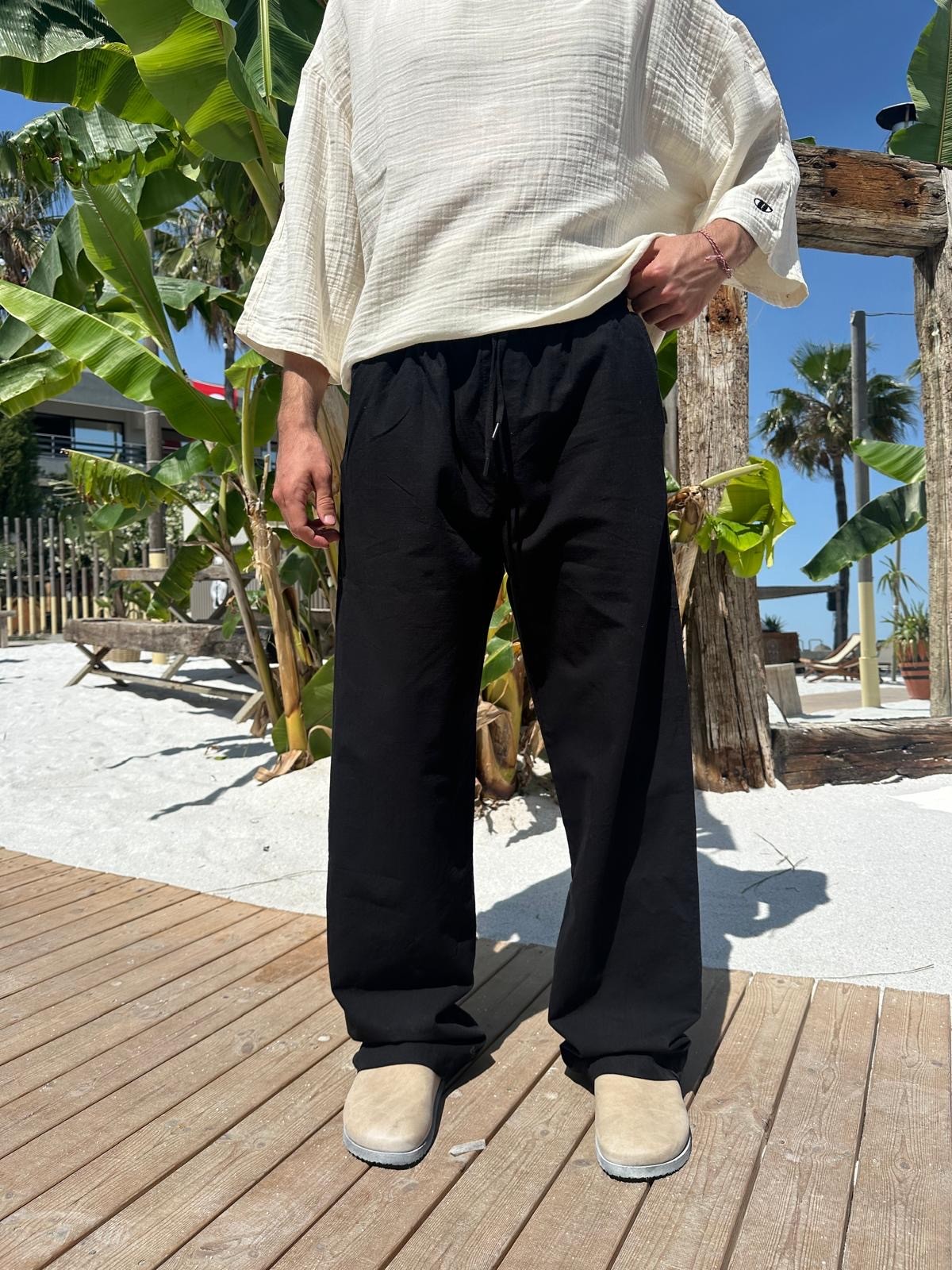 Siyah Sand Vibes Keten Pantolon 
