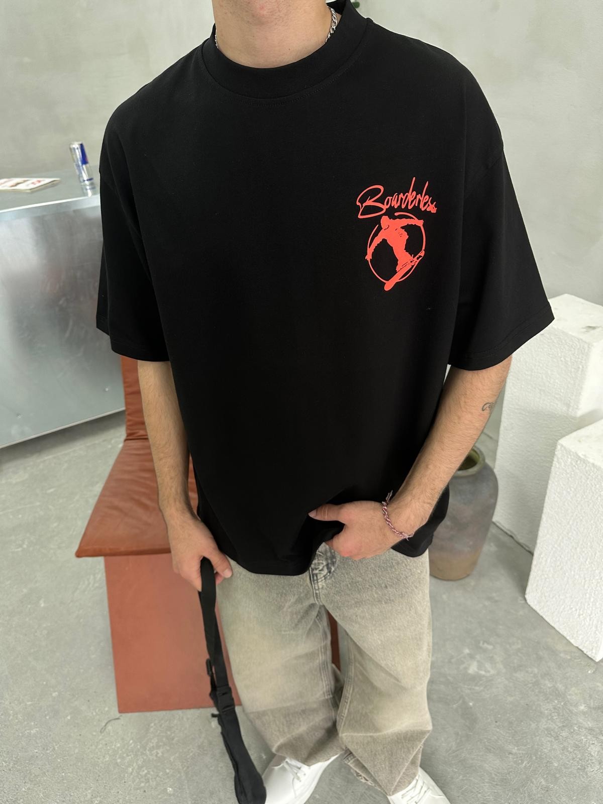 Boarderles Back Print Siyah T-Shirt