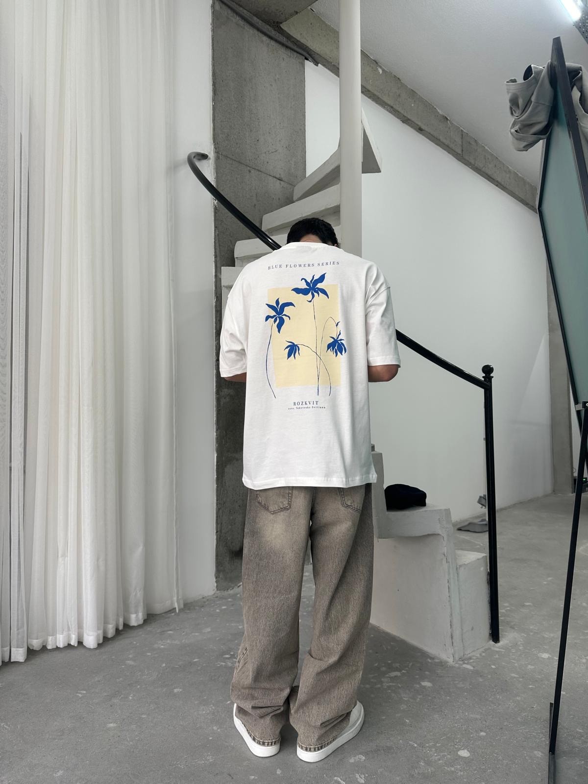 Blue Flowers Print White T-Shirt