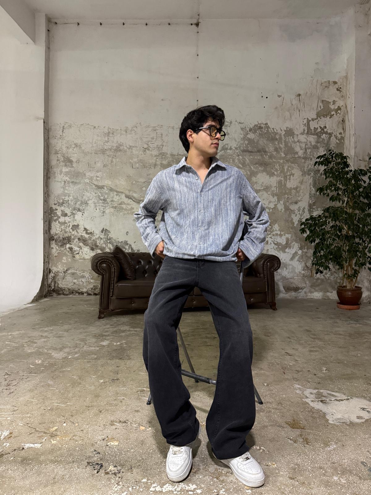 Yıkamalı Lacivert Kadife Basic Gömlek