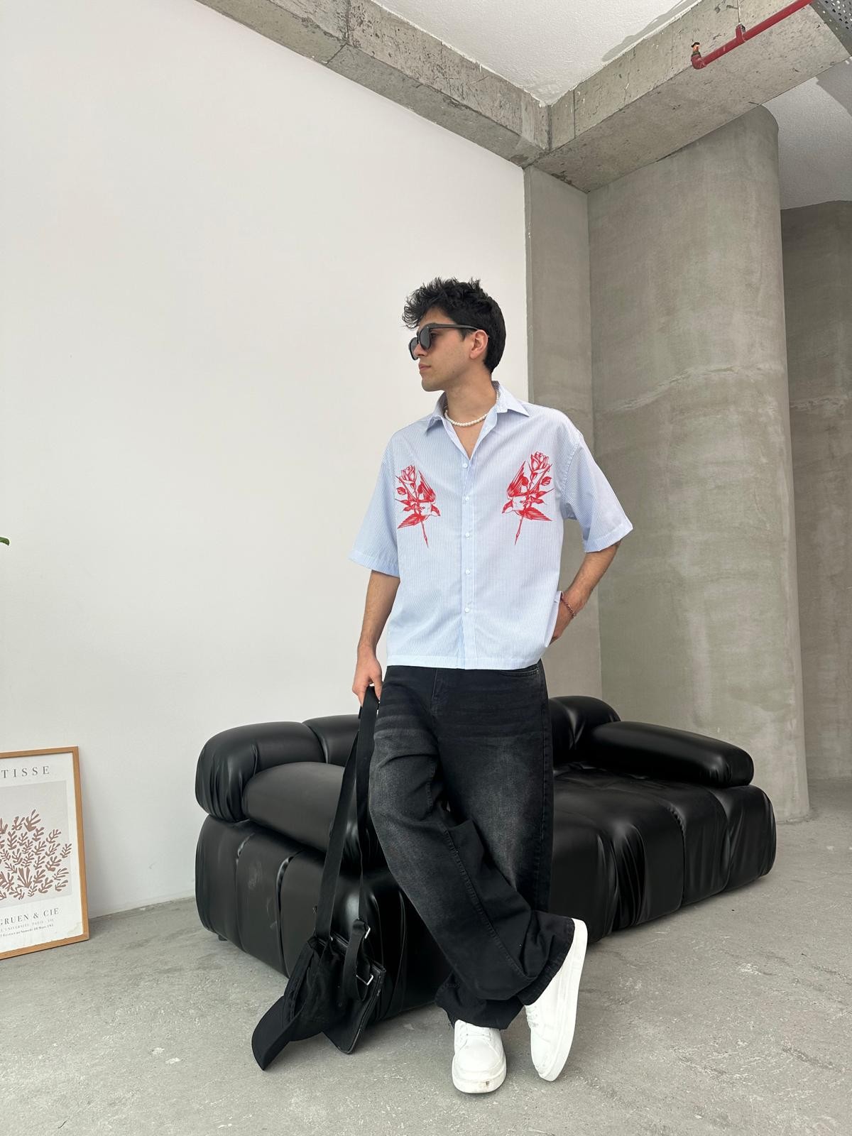 Rose Baskılı Mavi Oversize Gömlek