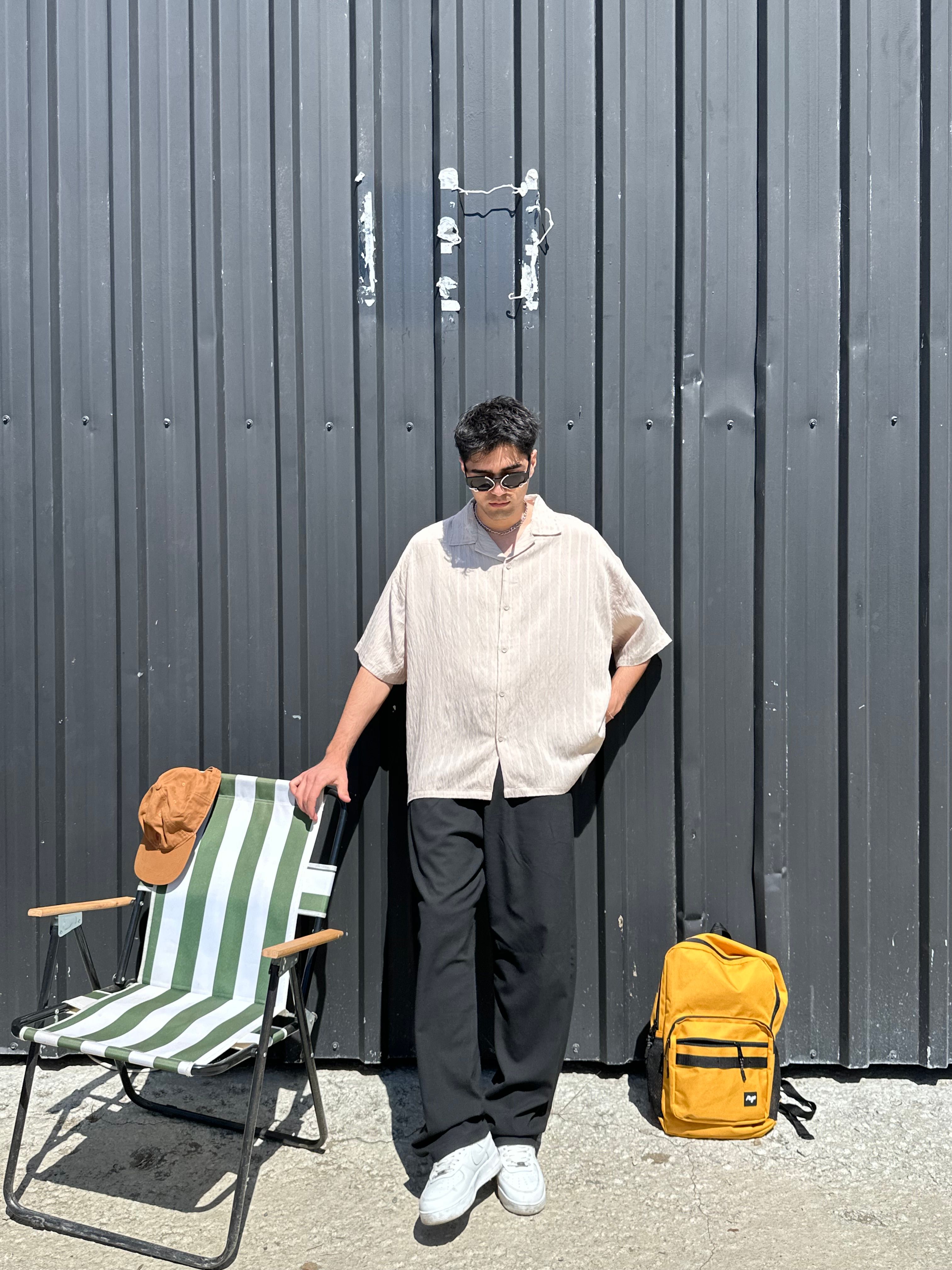 Sand Bej Şeritli Oversize Gömlek
