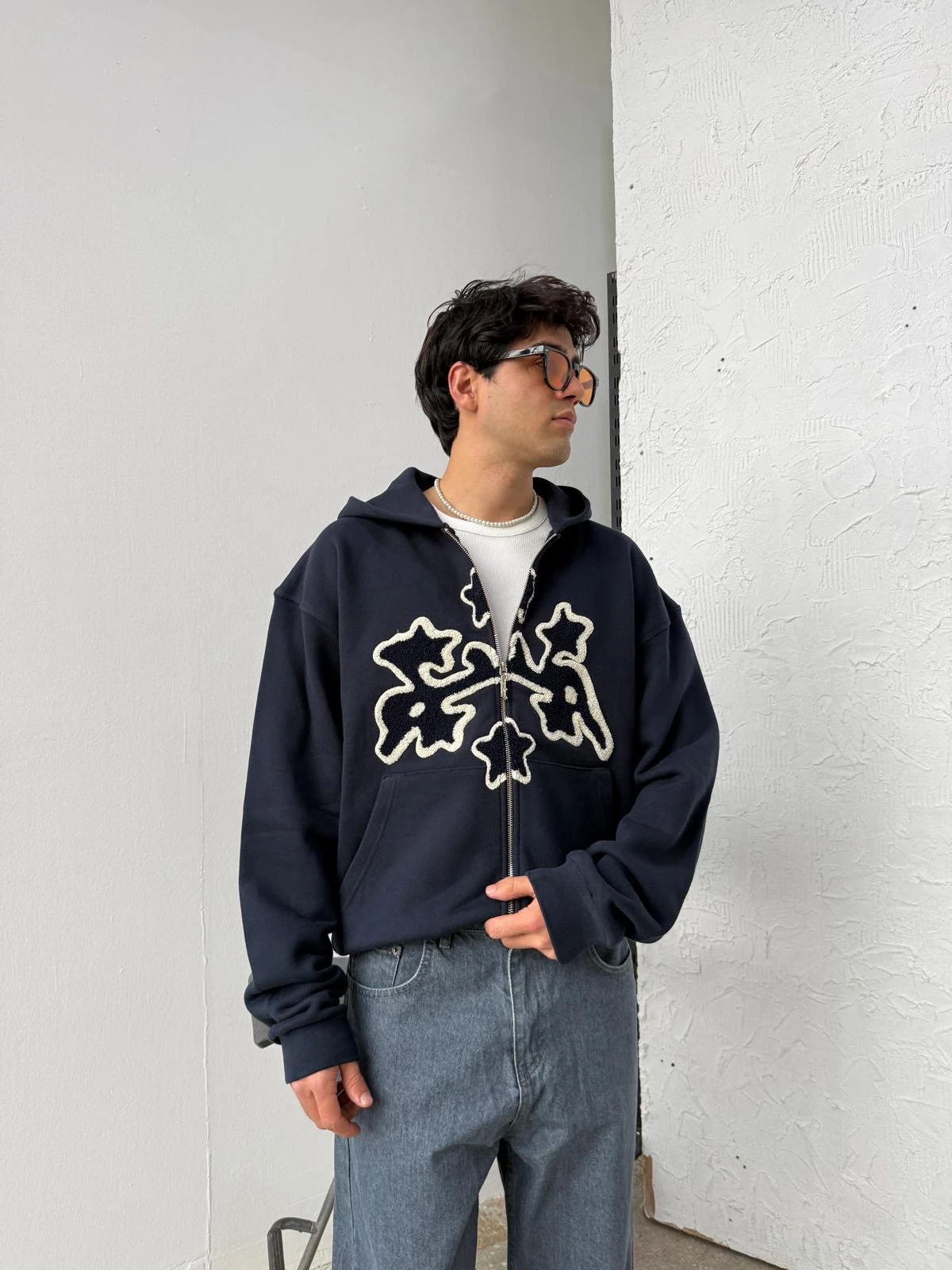 Arabic Detail Lacivert Diyagonel Zip