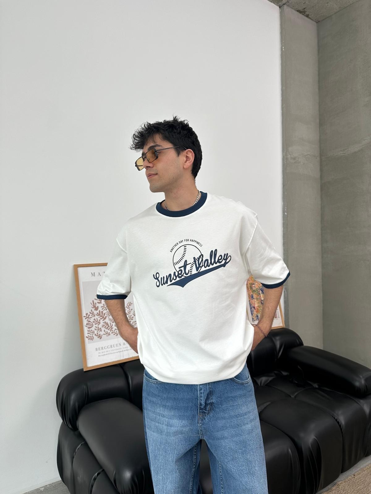 Sunset Valley Baskılı Kol Detay Oversize İndigo T-Shirt 