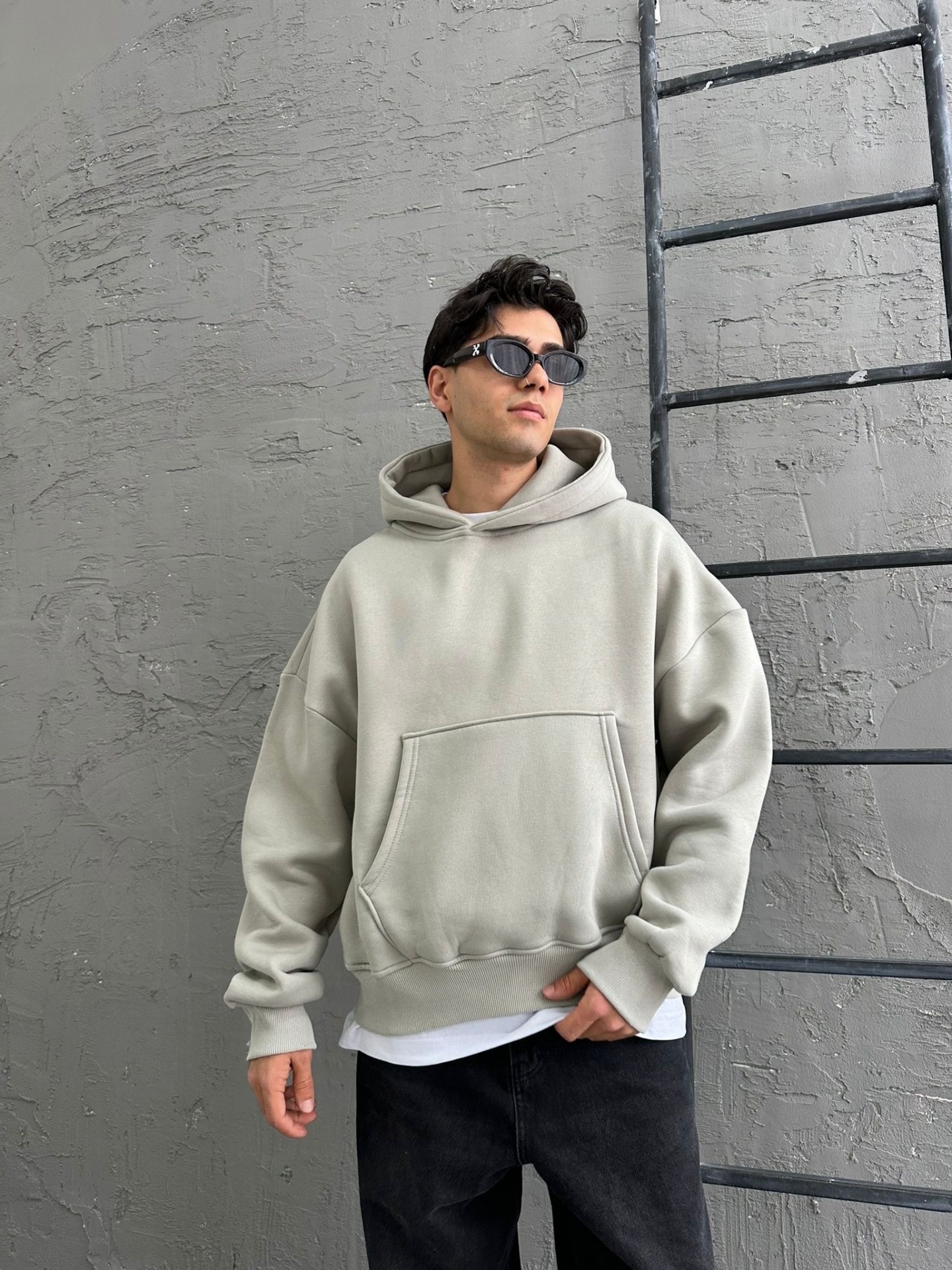 Boyama Gri Oversize Basic Hoodie