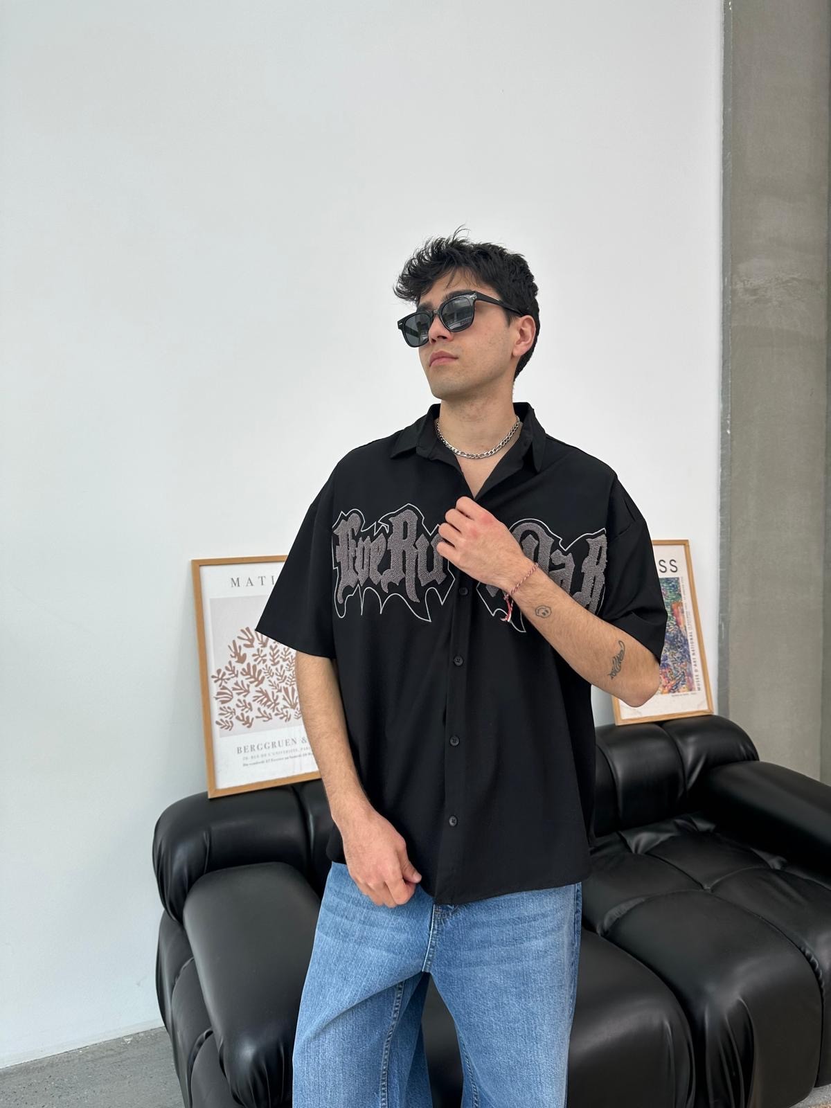 Fire Nakış Siyah Oversize Gömlek