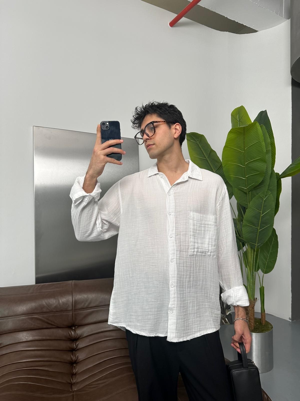 Cepli Müslim Oversize Beyaz Gömlek