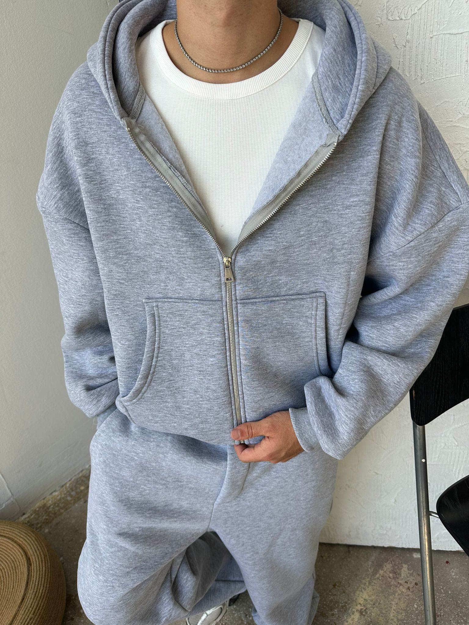 Gri Melanj Oversize Basic Zip Hoodie
