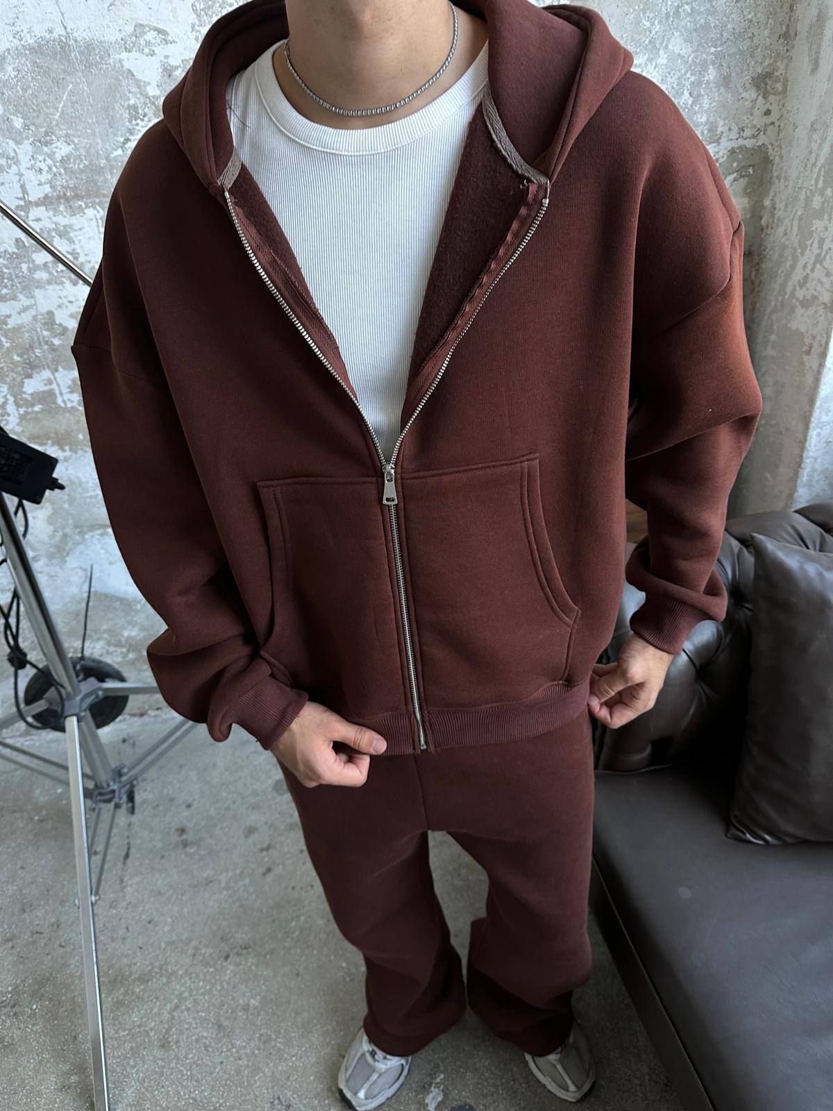 Acı Kahve Oversize Basic Zip Hoodie