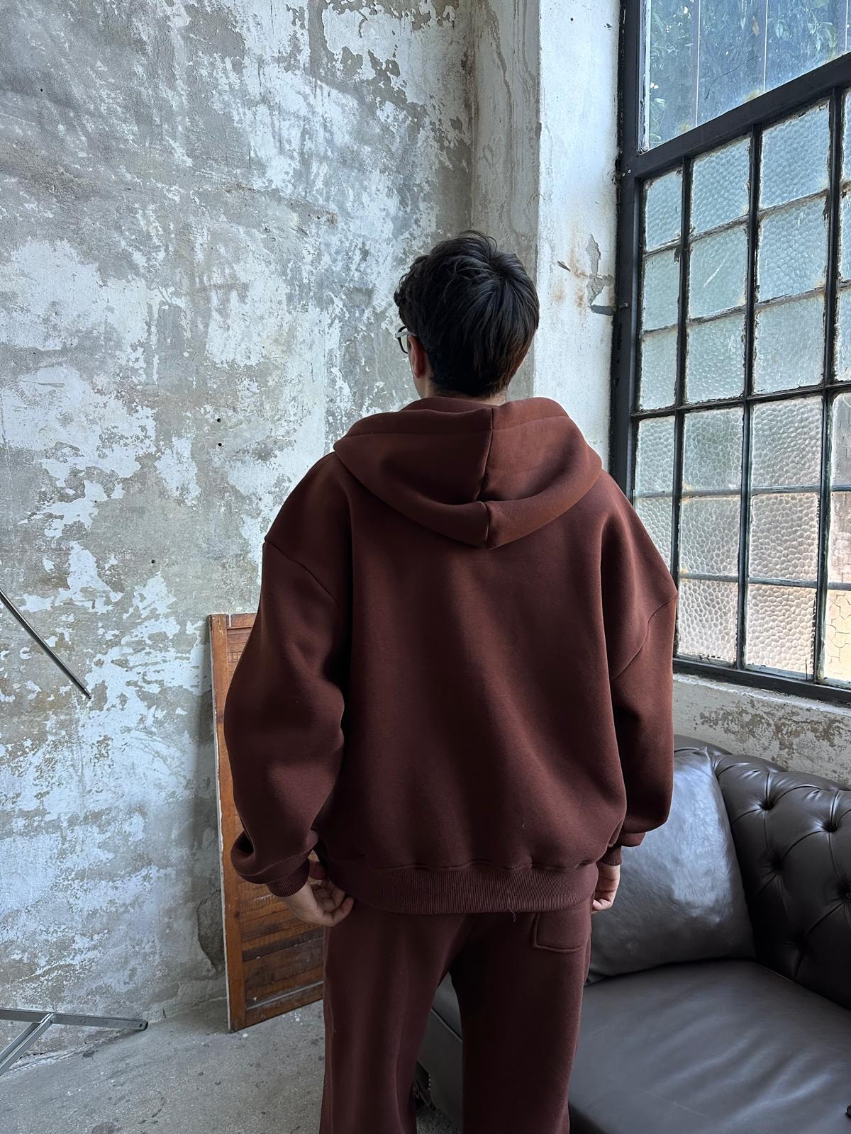 Acı Kahve Oversize Basic Zip Hoodie