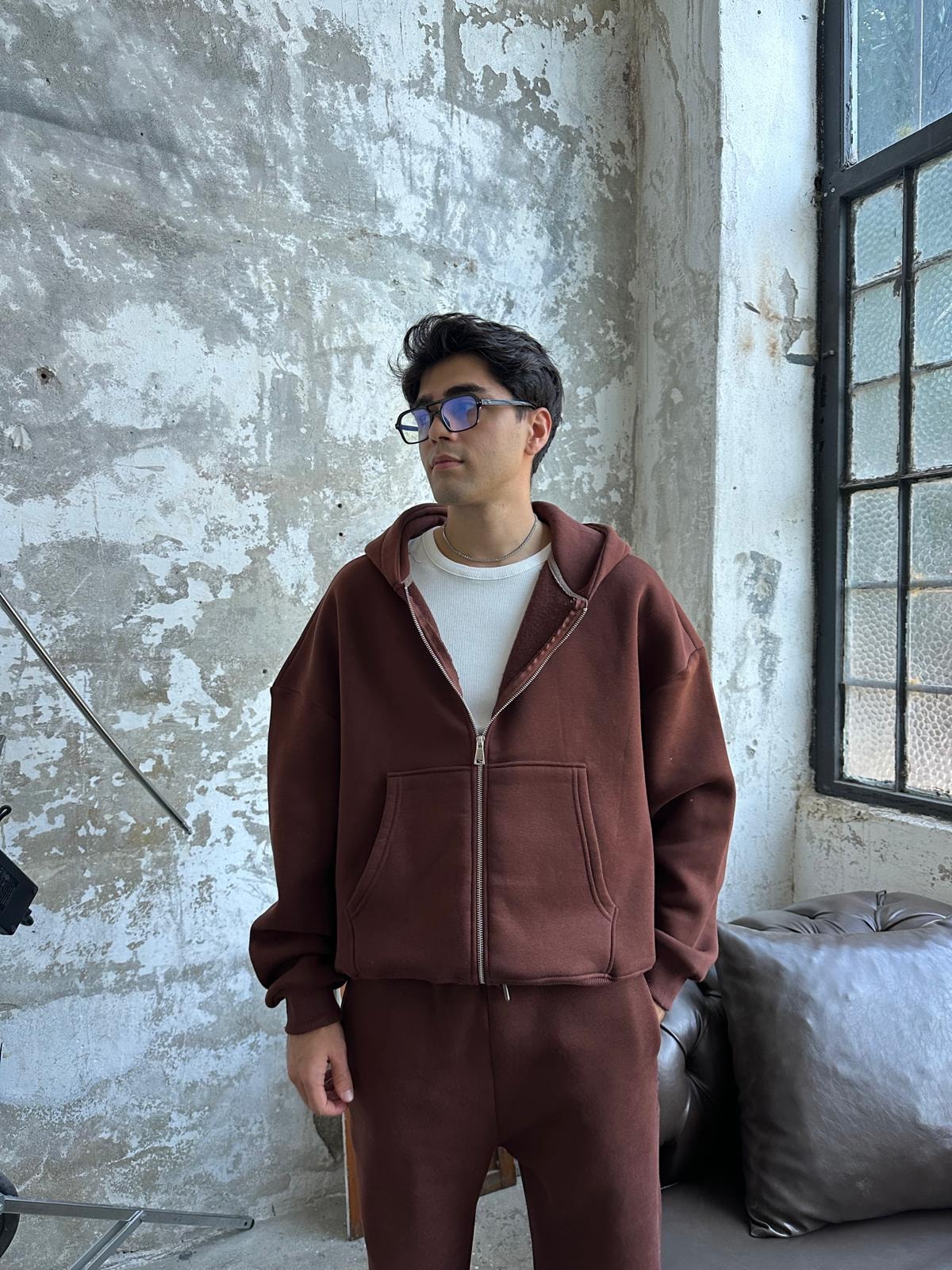 Acı Kahve Oversize Basic Zip Hoodie