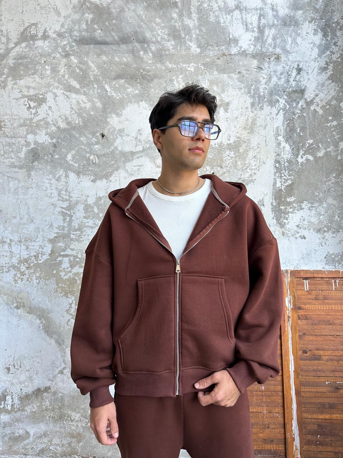 Acı Kahve Oversize Basic Zip Hoodie
